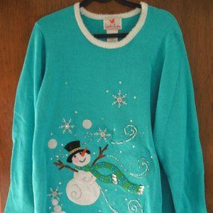 Quacker Factory Turquoise Embellished Light Up Snowman Sweater Large